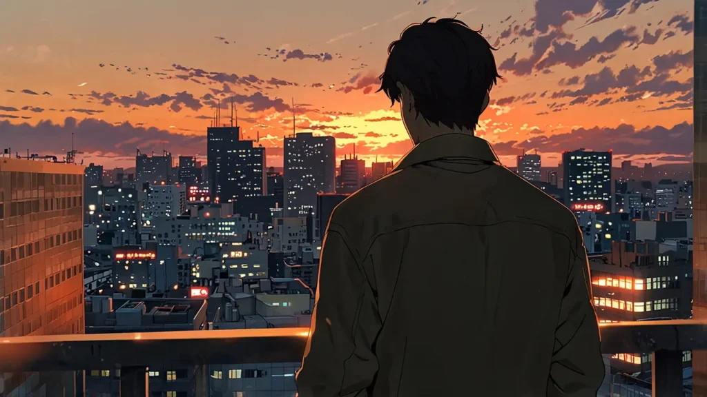 tears-for-withered-flowers-joji-death-rumor-man-seen-from-behind-facing-a-sunset-city