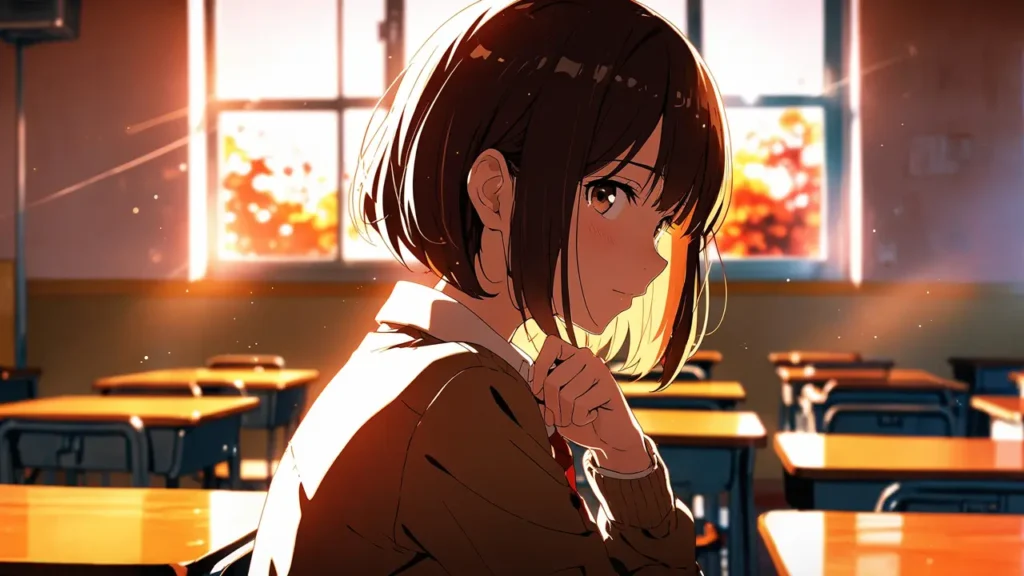 uruwashi-no-yoi-no-tsuki-artwork-schoolgirl-tucking-her-hair-in-a-sunset-classroom