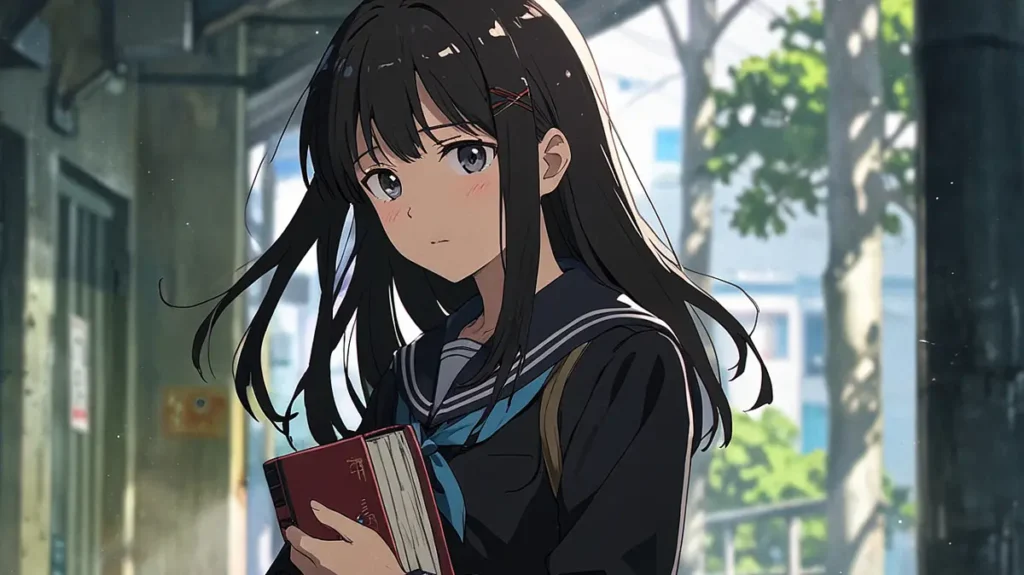 uruwashi-no-yoi-no-tsuki-read-the-manga-schoolgirl-holding-a-red-book-by-a-window