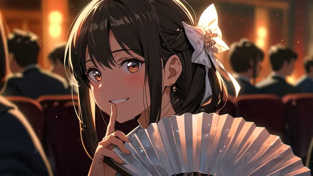 yomei-wazuka-no-wakiyaku-reijou-benefits-of-catching-up-now-smiling-lady-holding-a-folding-fan