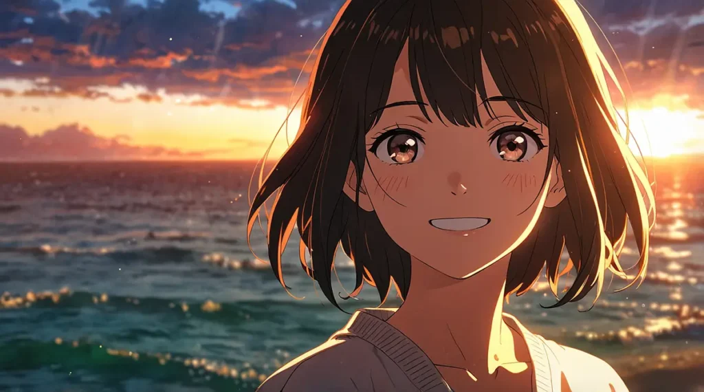 the-jimoto-saiko-manga-final-choice-girl-smiling-at-a-seaside-sunset