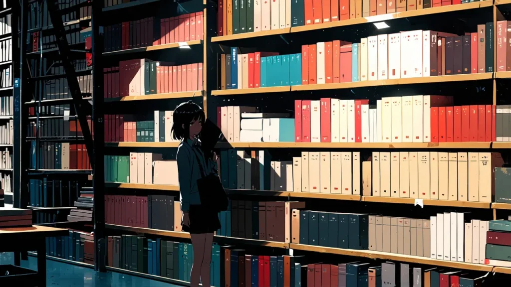 the-childhood-friend-complex-japanese-print-woman-browsing-tall-library-shelves