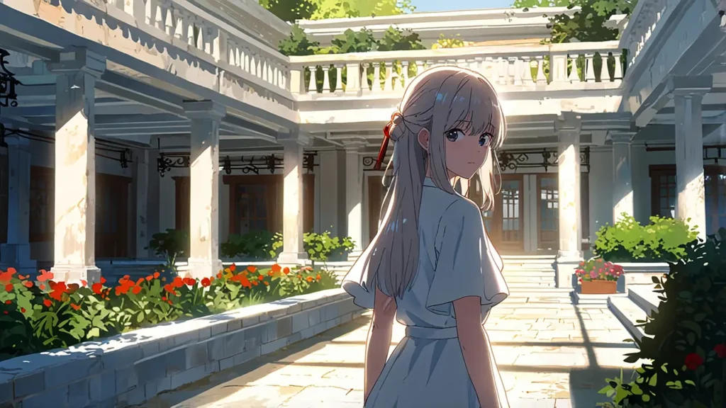 yomei-wazuka-no-wakiyaku-reijou-free-reading-range-girl-standing-in-a-sunlit-courtyard