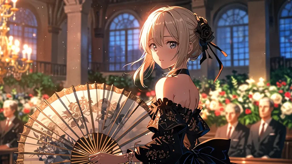 the-yomei-wakiyaku-reijou-reviews-noble-lady-with-a-fan-before-a-crowded-hall