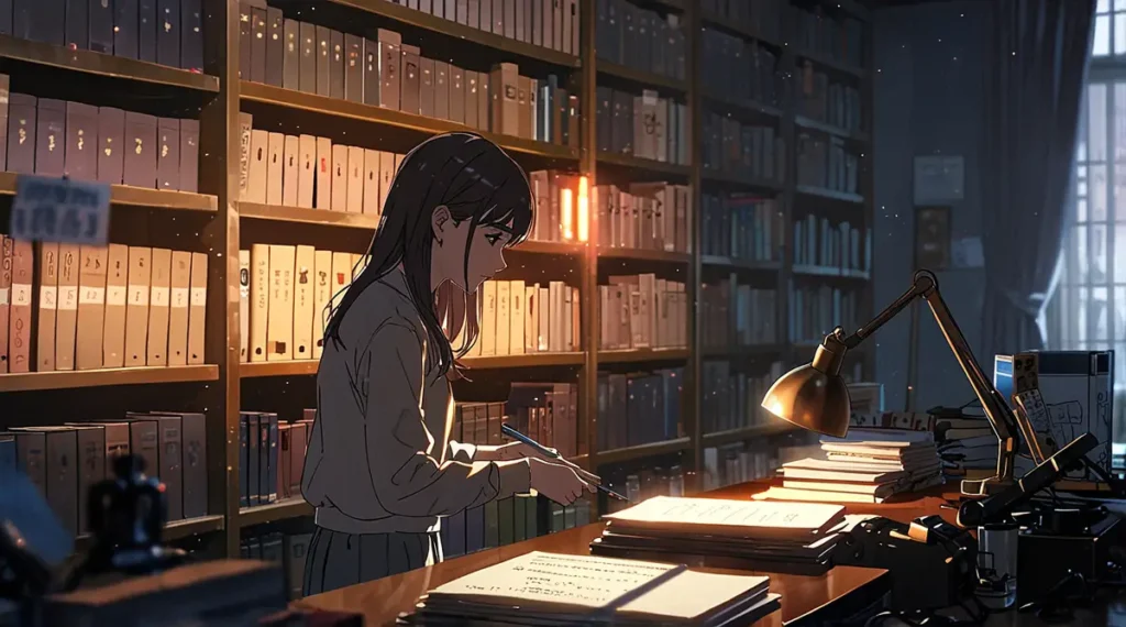 the-mii-chan-and-yamada-san-summary-woman-organizing-books-at-a-desk