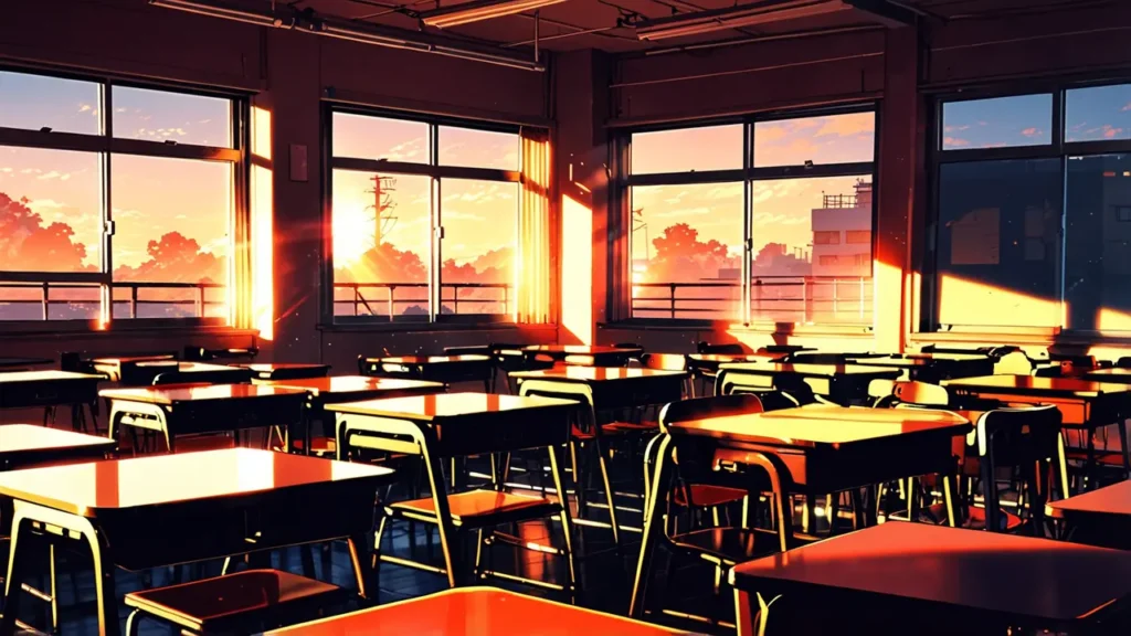 uruwashi-no-yoi-no-tsuki-anime-and-live-action-empty-classroom-at-sunset-with-rows-of-desks