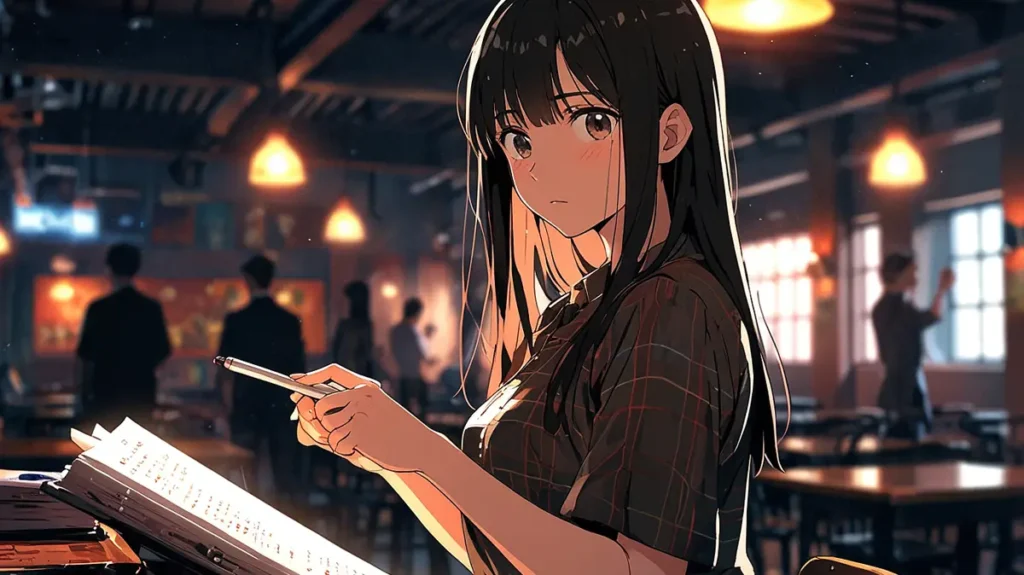 the-uruwashi-no-yoi-no-tsuki-similar-anime-woman-reading-intently-in-a-warmly-lit-cafe