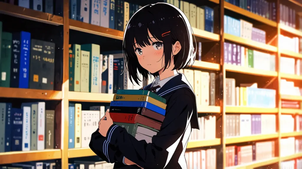 the-beautiful-evening-moon-which-volume-to-read-girl-holding-stacked-books-at-a-shelf