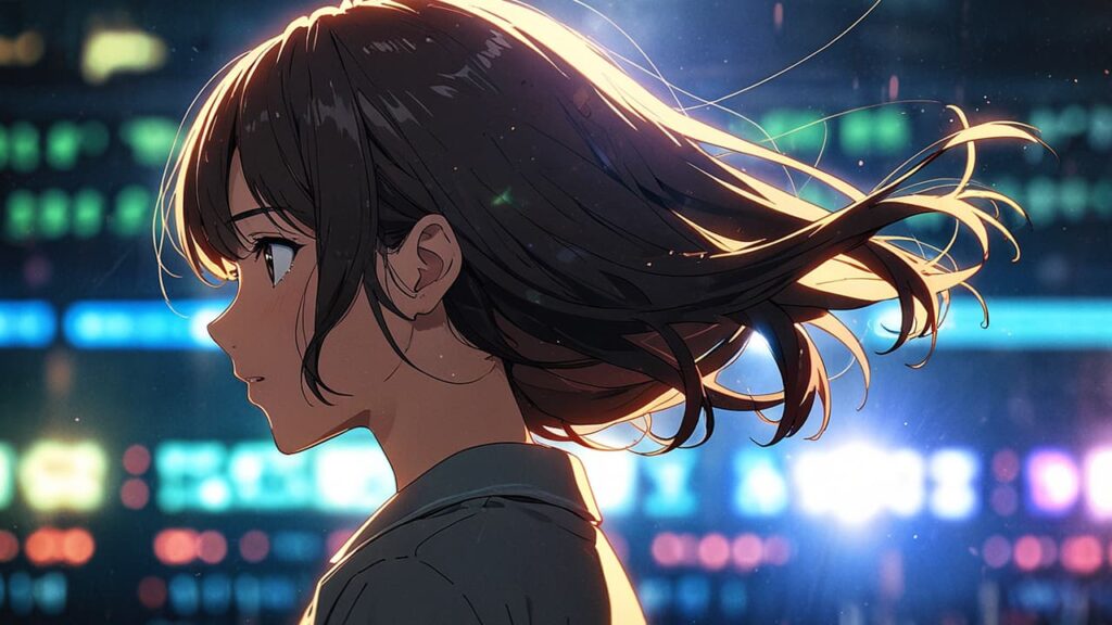 tears-for-withered-flowers-episode-count-gap-woman-turning-around-in-front-of-neon-screens
