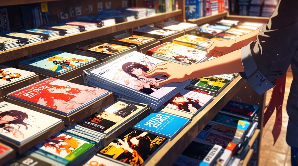 the-uruwashi-no-yoi-no-tsuki-volume-11-release-hands-picking-up-a-shojo-manga-from-a-store-display