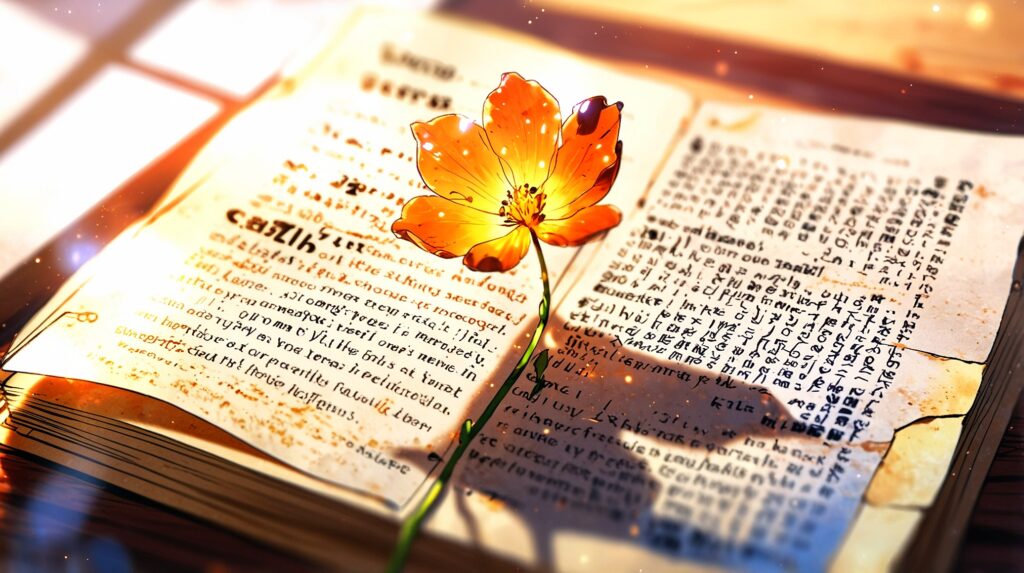 the-uruwashi-no-yoi-no-tsuki-faq-pressed-dried-flower-between-the-pages-of-an-open-book