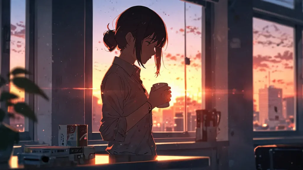 the-office-girl-completed-series-episode-count-woman-with-mug-by-sunset-window