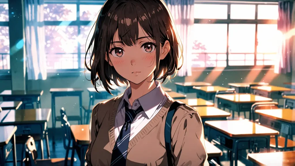 uruwashi-no-yoi-no-tsuki-summary-dark-haired-girl-in-uniform-standing-in-a-sunlit-classroom