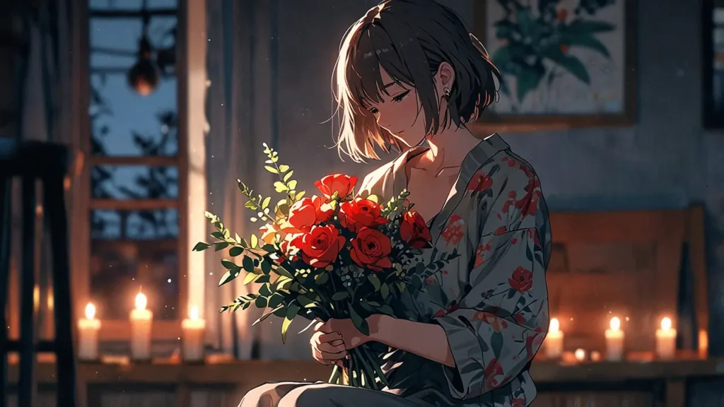 tears-for-withered-flowers-complete-edition-meaning-woman-holding-a-bouquet-among-candles