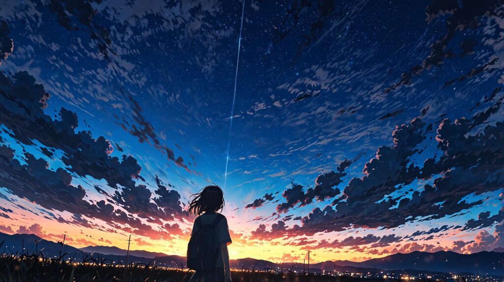 the-uruwashi-no-yoi-no-tsuki-latest-chapter-summary-figure-standing-under-a-wide-evening-sky