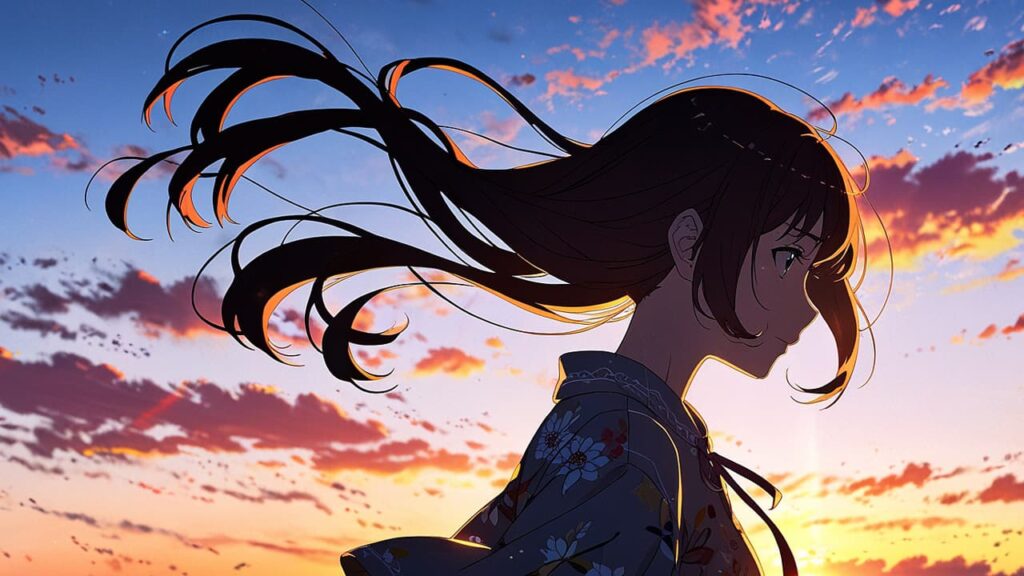 tears-for-withered-flowers-overall-summary-woman-with-hair-fluttering-against-a-sunset-sky