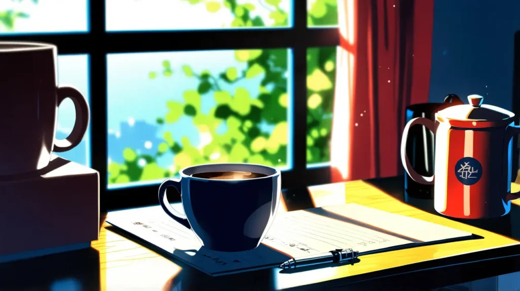the-uruwashi-no-yoi-no-tsuki-similar-anime-notebook-and-coffee-cup-placed-by-a-bright-window