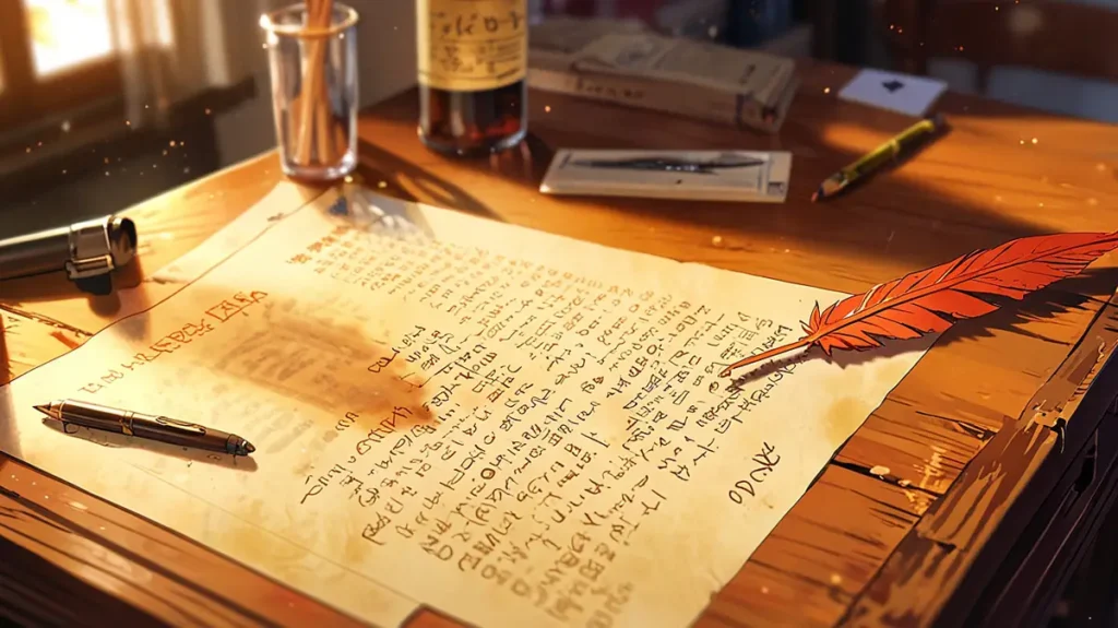 yomei-wazuka-no-wakiyaku-reijou-faq-handwritten-letter-and-quill-pen-on-an-antique-desk