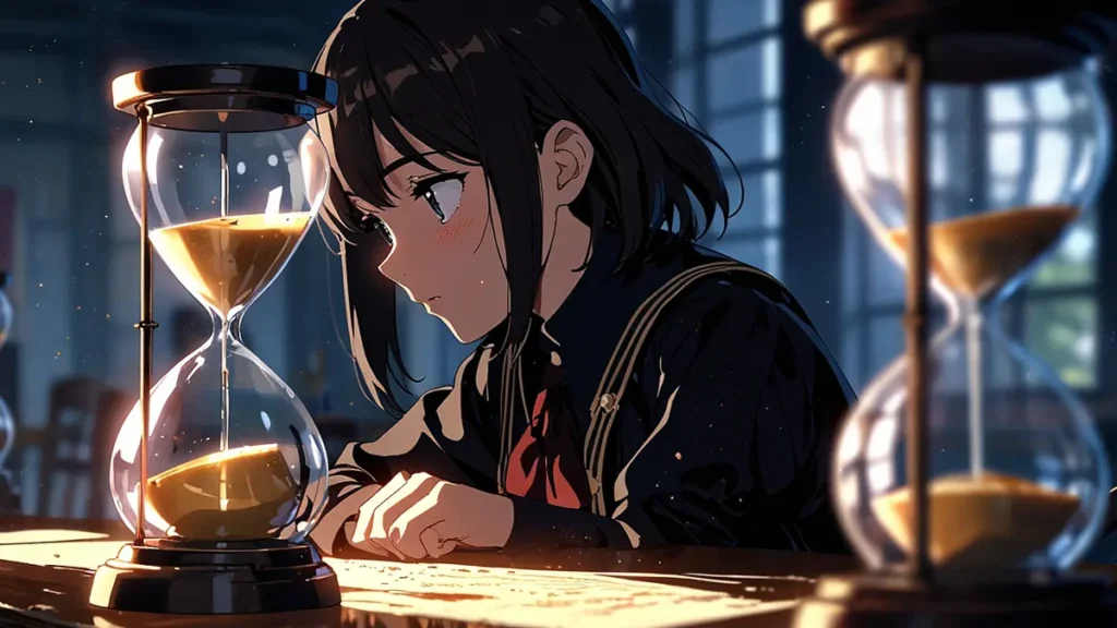 yomei-wazuka-no-wakiyaku-reijou-frequently-asked-questions-girl-seen-through-a-large-hourglass