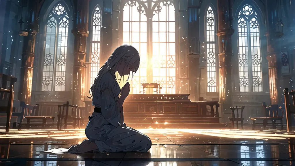 yomei-wazuka-no-wakiyaku-reijou-character-faq-girl-kneeling-in-prayer-in-a-sunlit-chapel