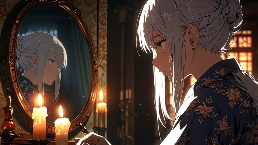 the-yomei-wakiyaku-reijou-faq-silver-haired-woman-looking-into-a-candlelit-mirror