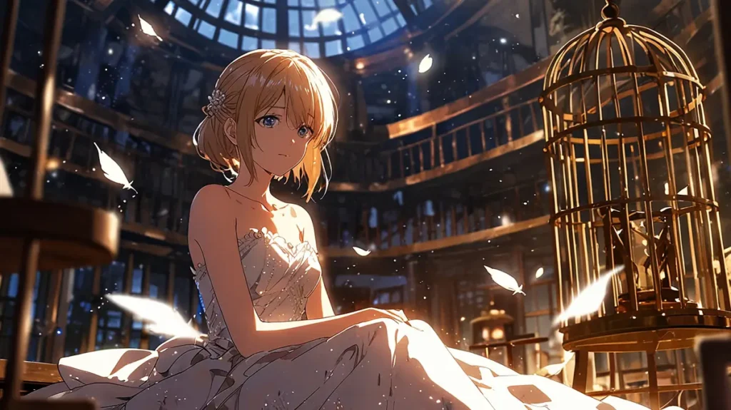 the-cry-or-better-yet-beg-overview-girl-in-white-dress-beside-a-golden-birdcage