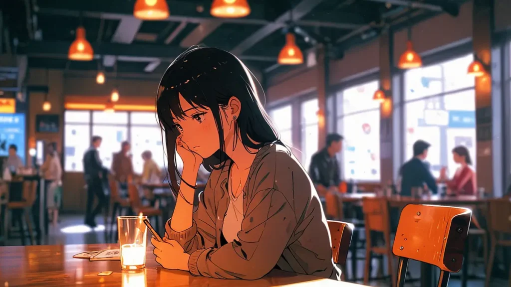 the-childhood-friend-complex-characters-woman-resting-her-chin-in-a-cafe