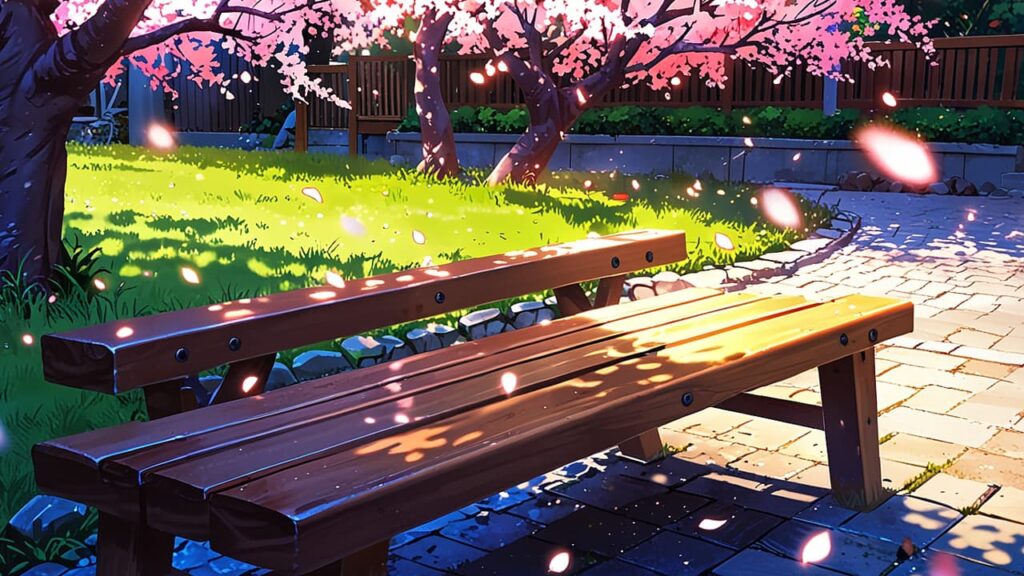 tears-for-withered-flowers-spoilers-and-theories-night-garden-bench-under-falling-cherry-blossoms