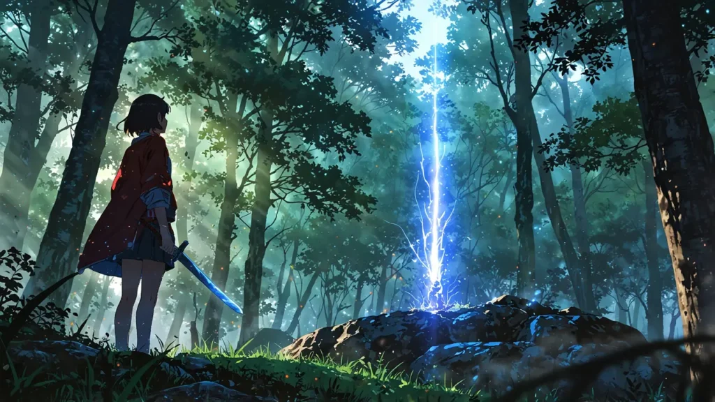 the-four-knights-apocalypse-figure-gazing-at-glowing-sword-in-forest