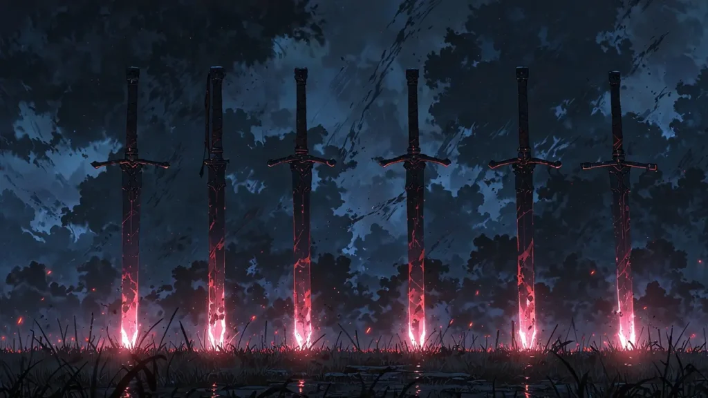 the-four-knights-apocalypse-five-swords-driven-into-ground