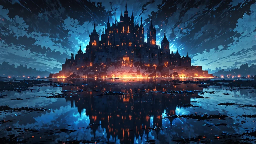 the-four-knights-apocalypse-castle-reflected-upside-down-at-night