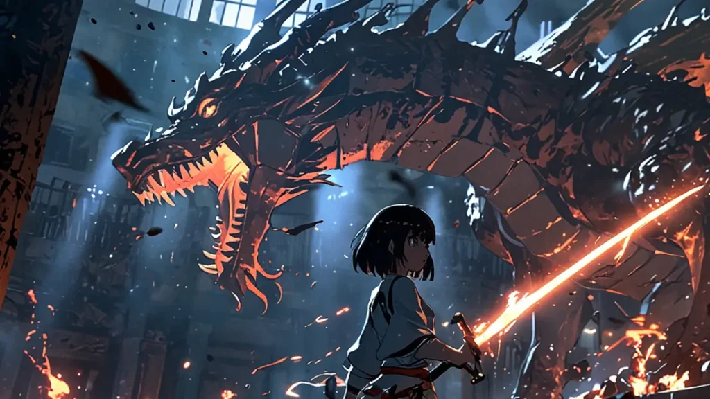 the-apocalypse-four-knights-final-boss-girl-facing-a-giant-dragon-with-a-glowing-sword
