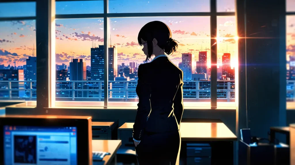 the-office-girl-saeki-position-office-worker-in-suit-at-a-desk-at-sunset