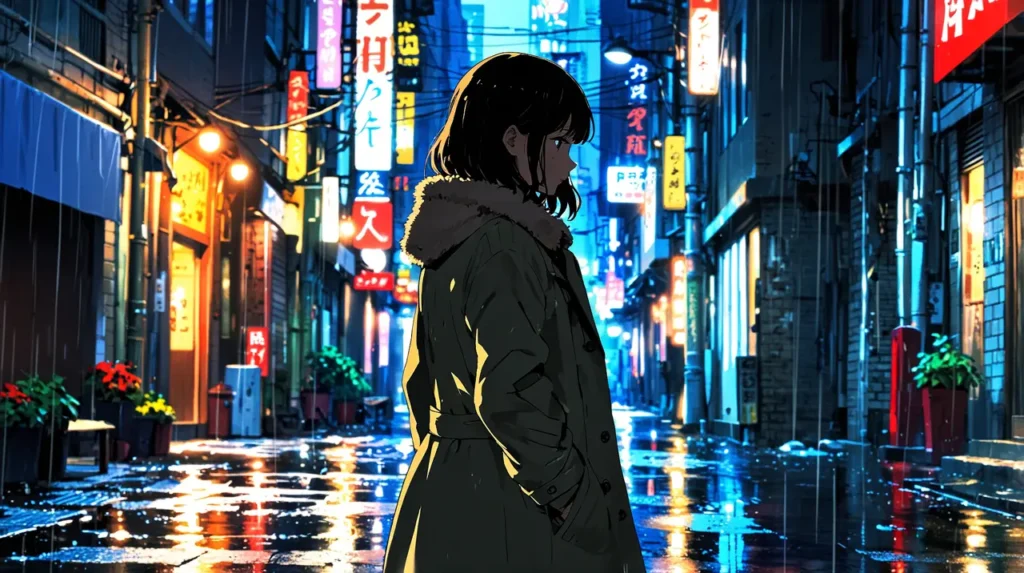 the-office-girl-story-flow-woman-in-a-coat-on-a-rainy-neon-street