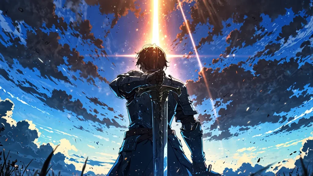 the-solo-leveling-conclusion-lone-warrior-raising-sword-beneath-a-beam-of-light