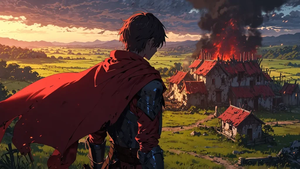 the-four-knights-apocalypse-identity-reveal-lone-knight-in-crimson-cloak-overlooking-village