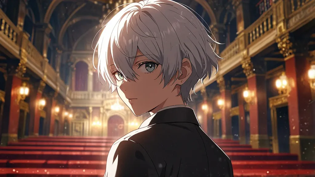 the-four-knights-apocalypse-diodora-identity-silver-haired-boy-glancing-back-grand-hall
