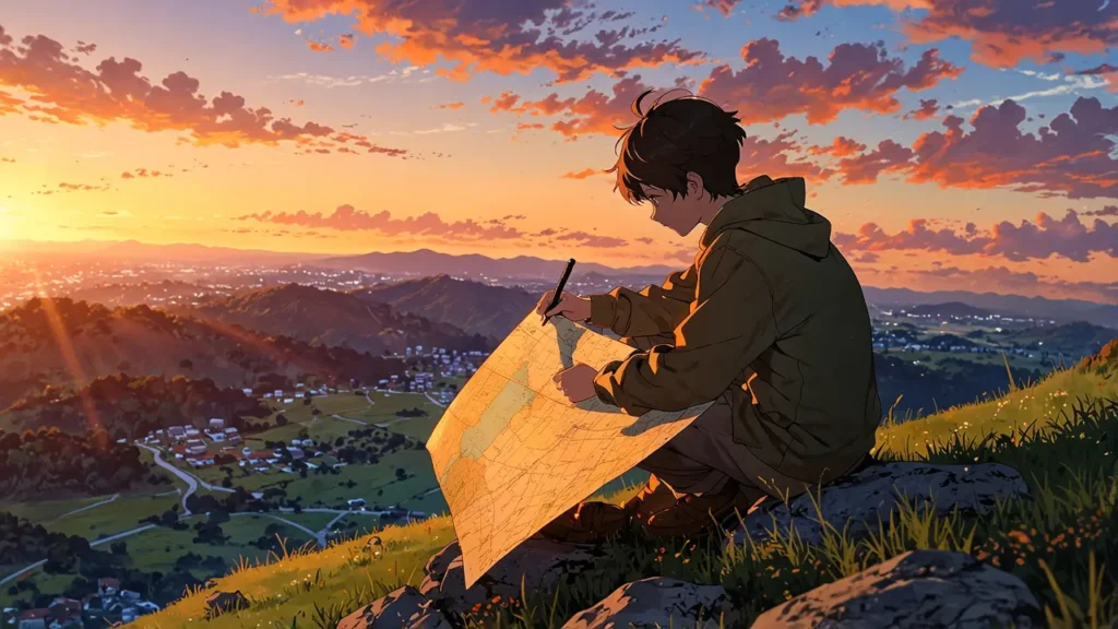 the-nihon-sangoku-similar-manga-comparison-table-traveler-studying-map-at-sunset