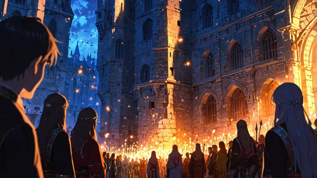 the-seven-deadly-sins-current-status-crowd-gathered-in-castle-courtyard-at-night