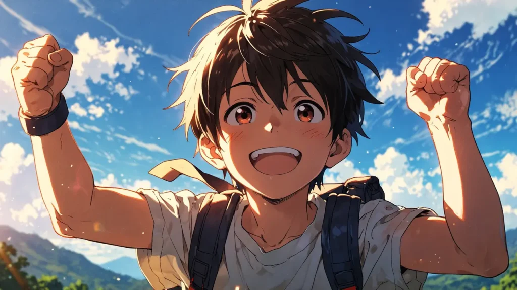 the-four-knights-apocalypse-protagonist-reception-boy-cheering-under-blue-sky