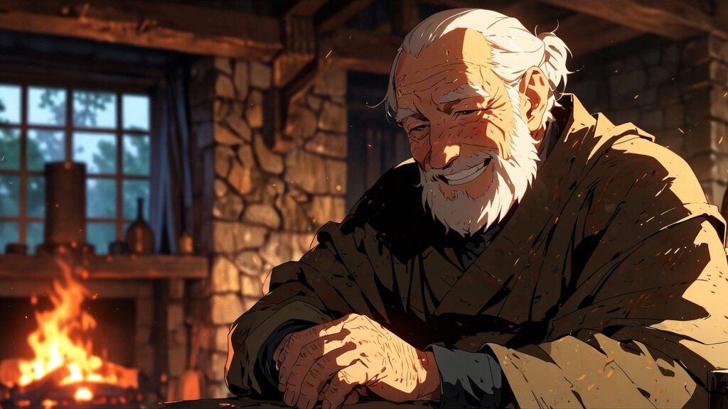 the-four-knights-apocalypse-gawain-caretakers-elderly-man-firelight