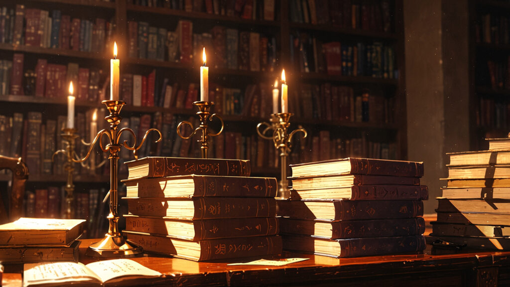 the-black-butler-ongoing-serialization-stacked-books-lit-by-candelabra