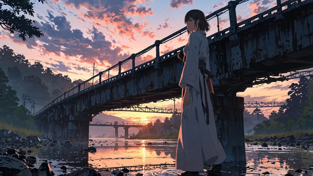 the-nihon-sangoku-author-hometown-figure-on-bridge-at-sunset