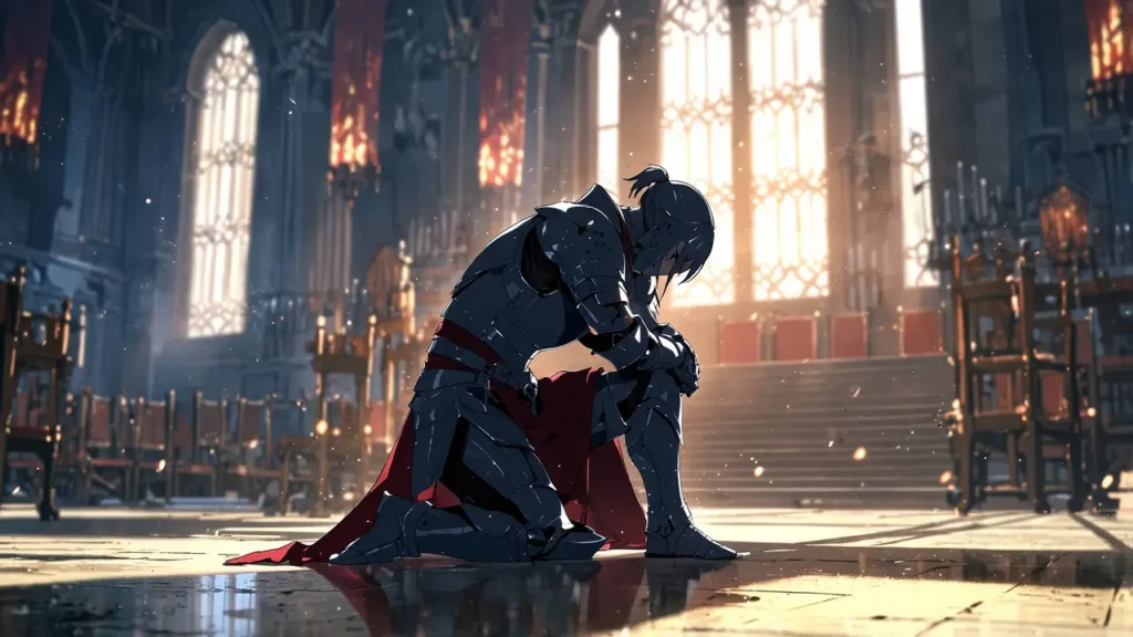 the-apocalypse-four-knights-skipped-episodes-warning-knight-kneeling-in-a-grand-hall
