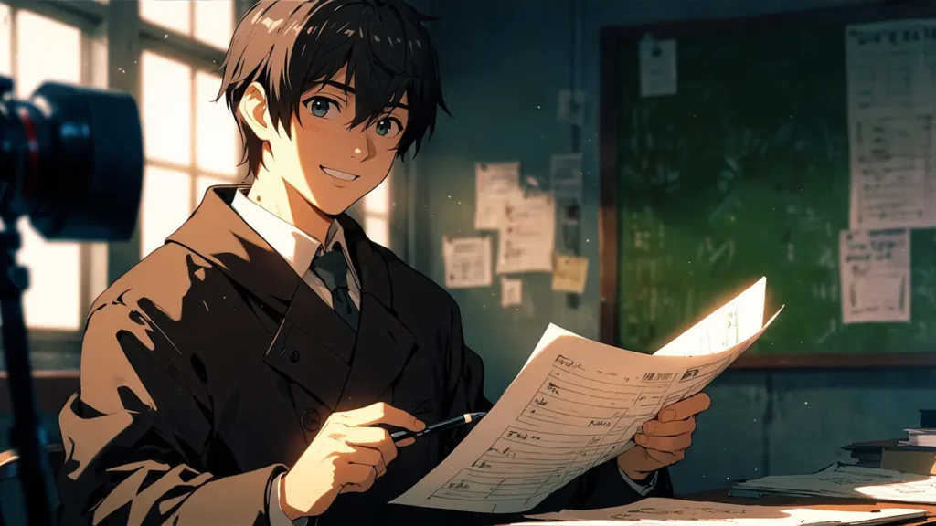 the-nihon-sangoku-season-2-naming-young-man-reading-a-paper-in-a-classroom