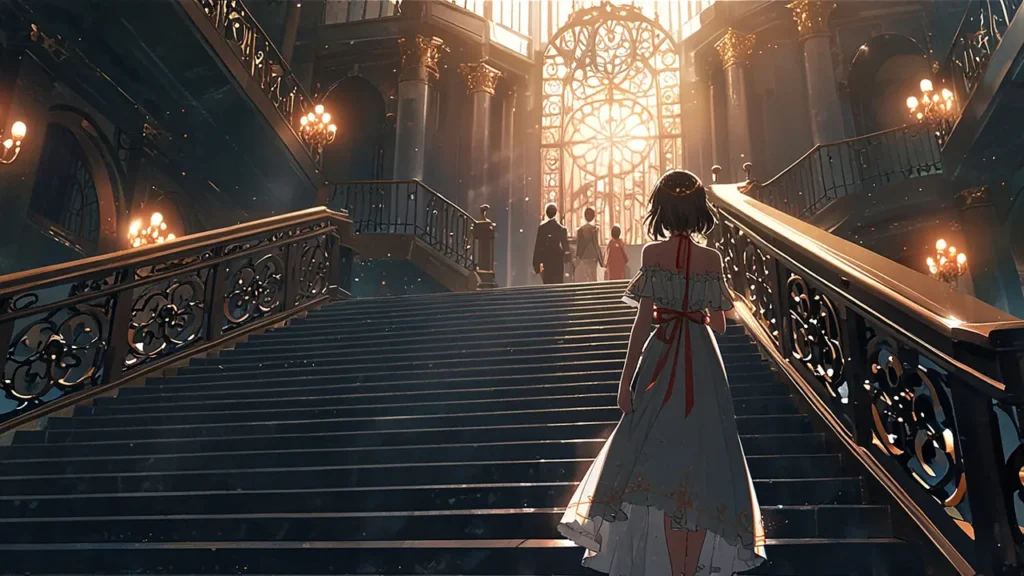 the-seven-deadly-sins-elaine-lancelot-mother-girl-in-royal-attire-ascending-staircase
