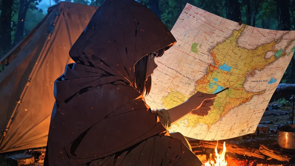 the-four-knights-apocalypse-party-adventure-traveler-reading-map-by-campfire