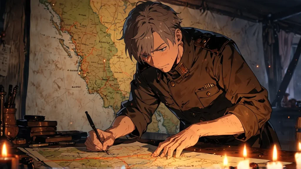 the-nihon-sangoku-two-cour-question-general-writing-over-a-map-by-candlelight