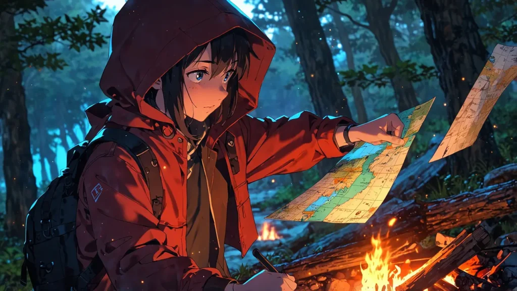 the-nihon-sangoku-motoneta-traveler-spreading-map-in-forest