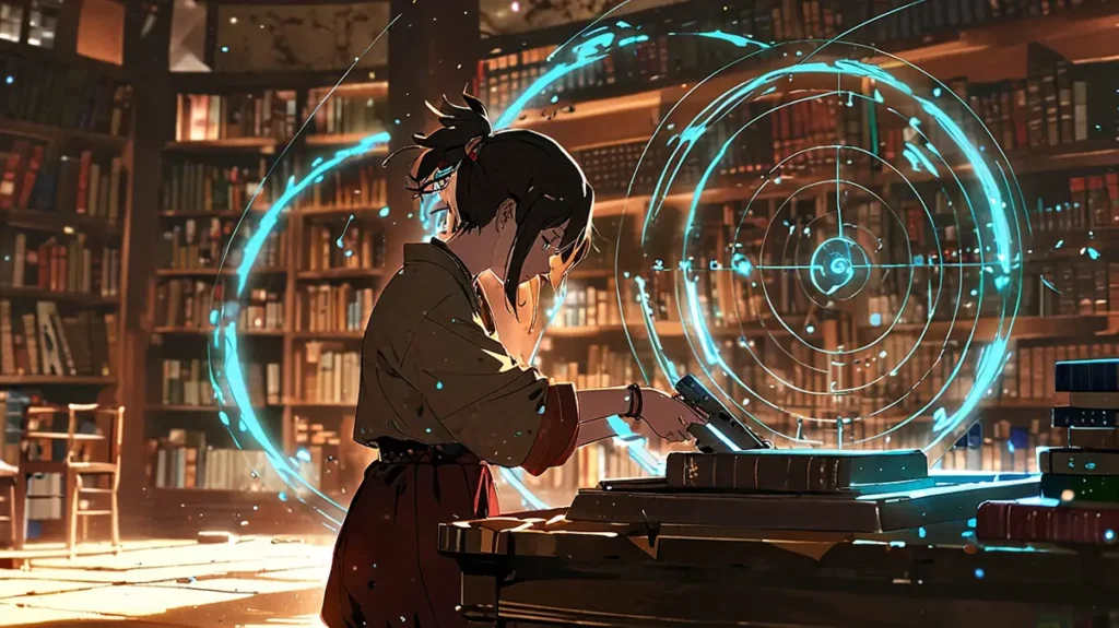 the-four-knights-apocalypse-knowledge-of-magic-items-library-with-glowing-magic-circles